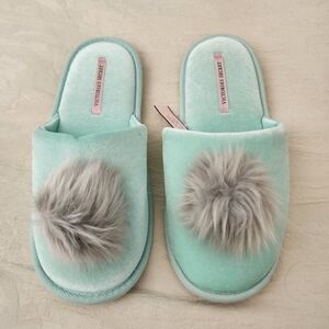 Victoria's Secret furry pom pom house slippers bluish mint/gray